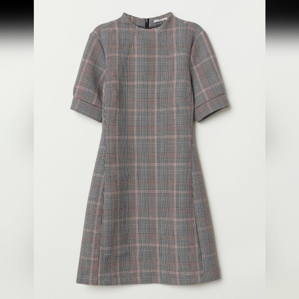 H&M Modest Check Fit & Flare  Pattern Weave Funnel Neck Dress Sz 6